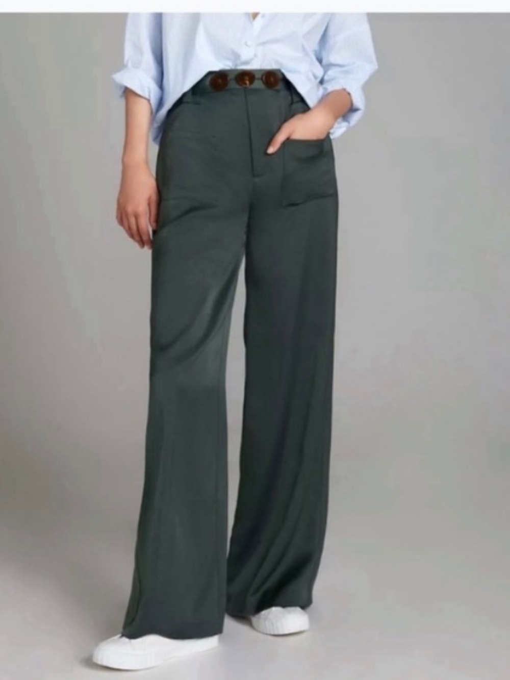 Anthropologie Boskemper High Waist Wide Leg Belted Trouser Pants Green NWOT SZ M